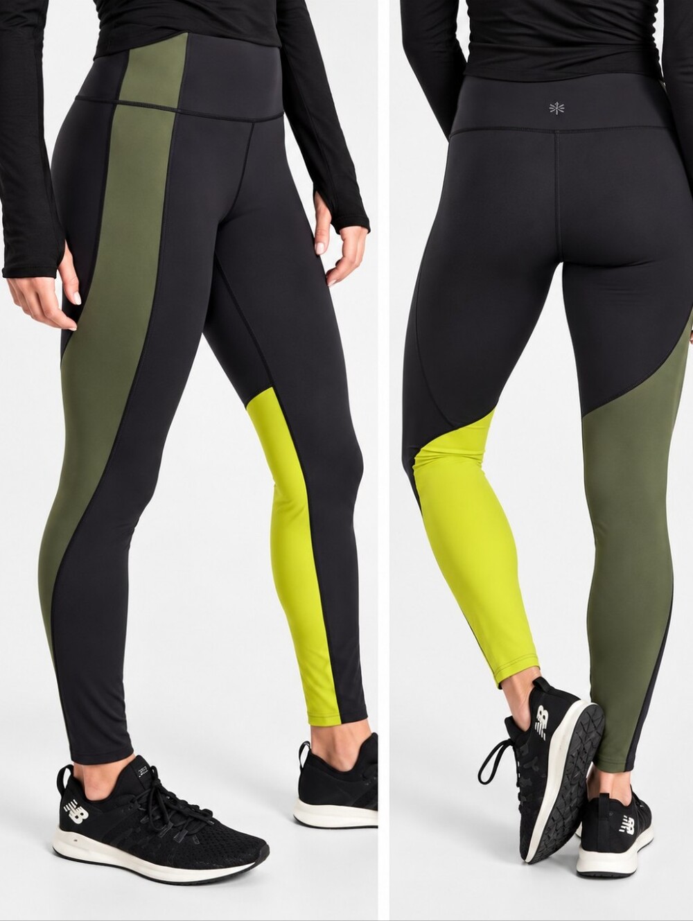 Athleta Plush SuperSonic Asym Colorblock Running Tights Women Black Green Neon M